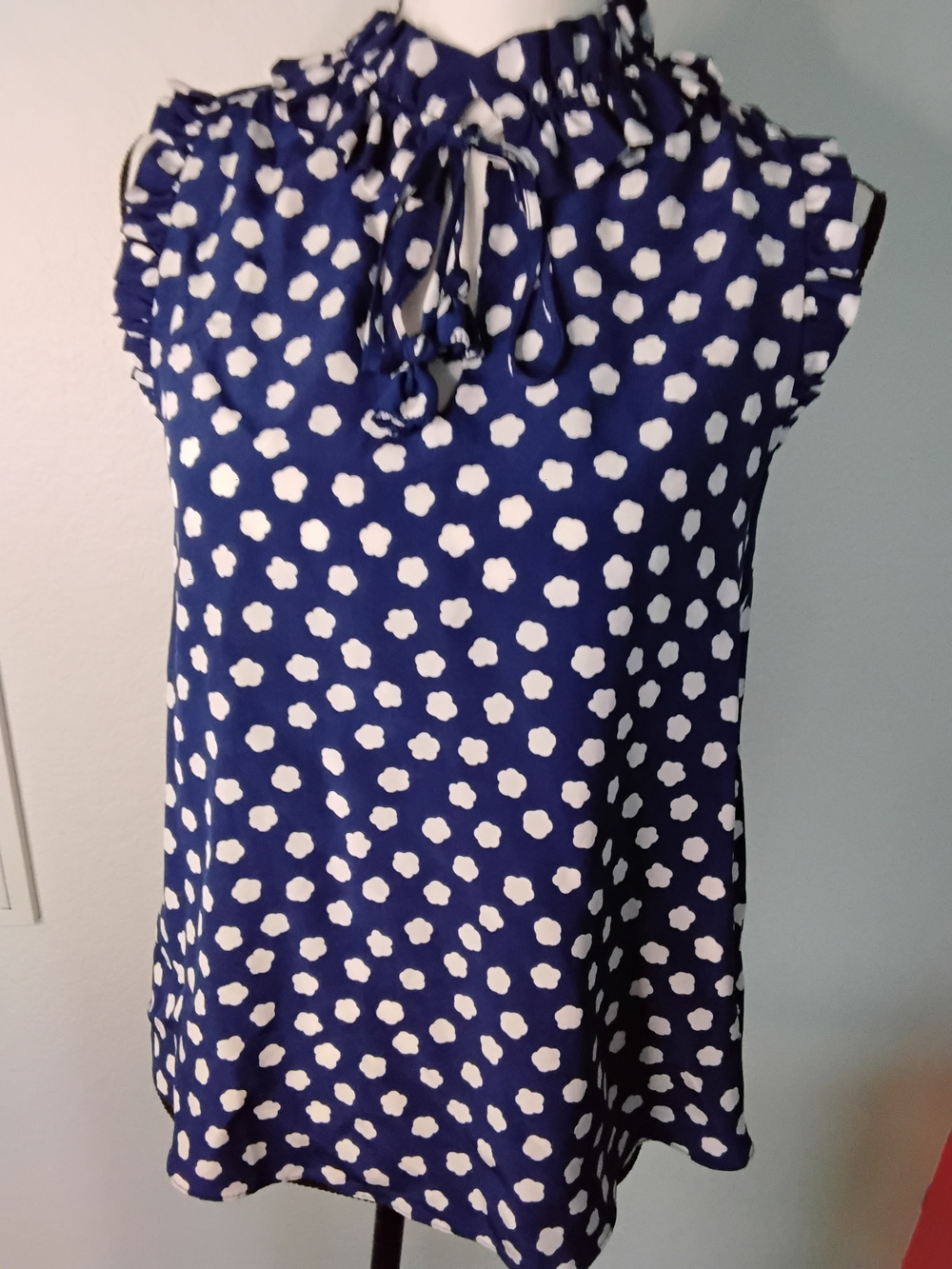 kate spade Navy Blue and White Polka Dot Ruffle Tie-Neck Blouse
